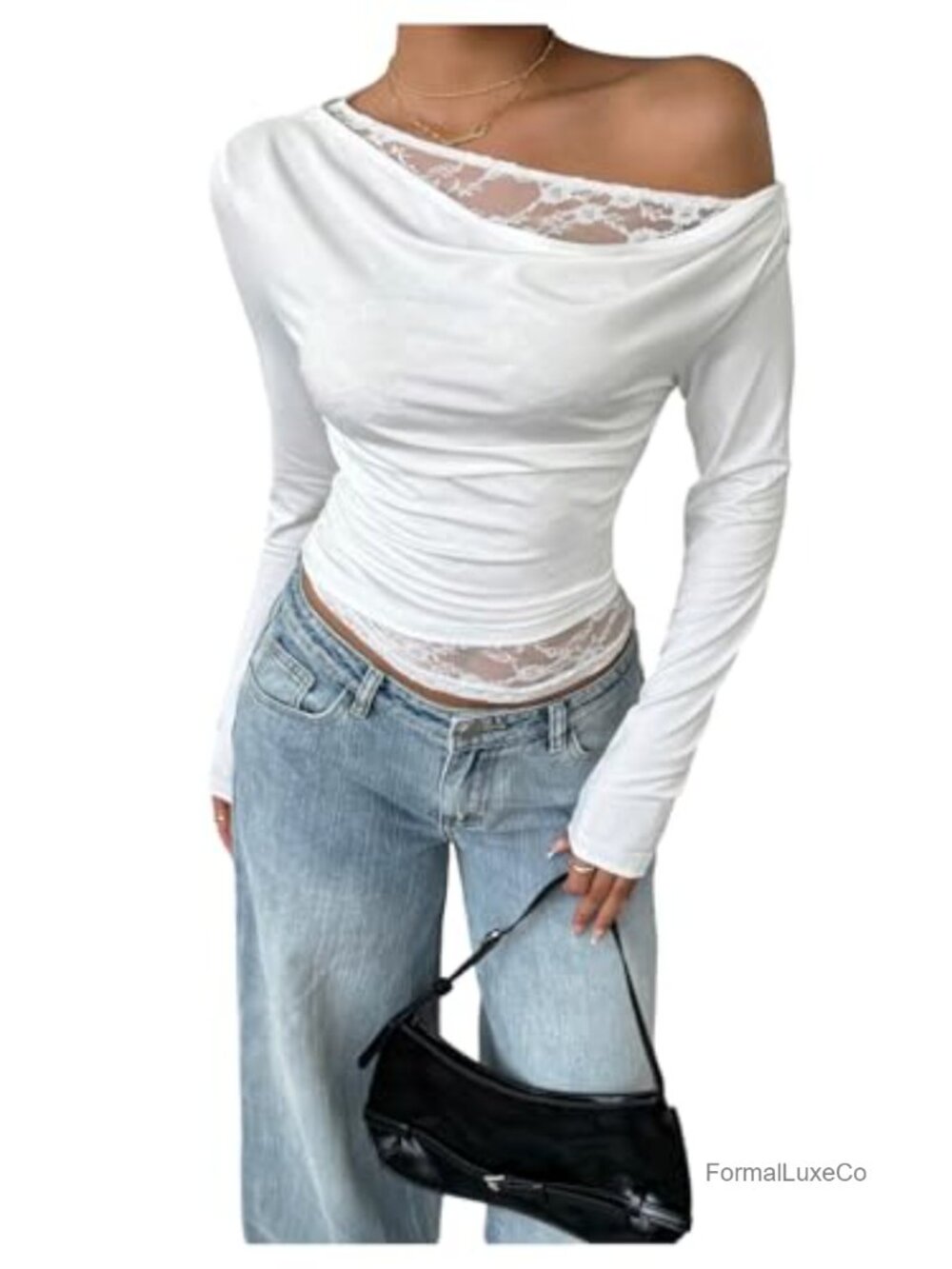 Lace Trim Off Shoulder Ruffle Sleeve Crop Top Women's Long Sleeve Ruched